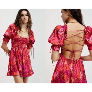 For Love & Lemons Alia Mini Floral Dress Ruffle Flirty Lace Up Puff Sleeves